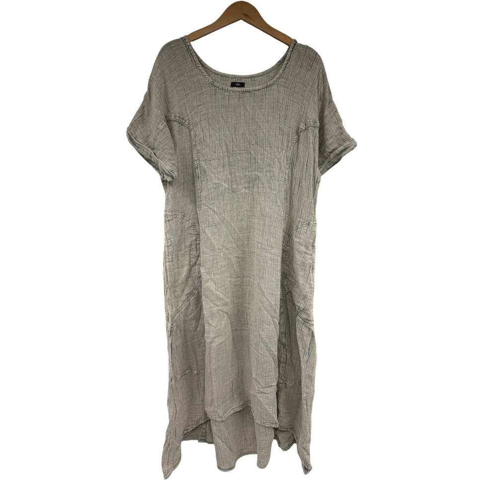 Tulip Grey Cotton Gauze Lagenlook Midi Dress Short Sleeve High Low Hem Large